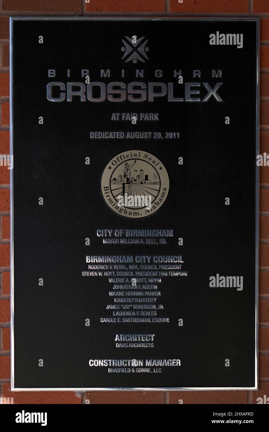 The dedication plaque at the entrance to the CrossPlex, Thursday, Mar. 10, 2022, in Birmingham. Stock Photo