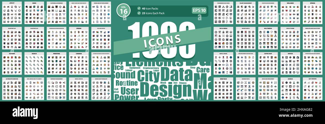 1000 Filled Line Icon Pack maps & travel, stay at home, coding and app development, multimedia, seo & media Vector Business Icon Illustration Illustra Stock Vector