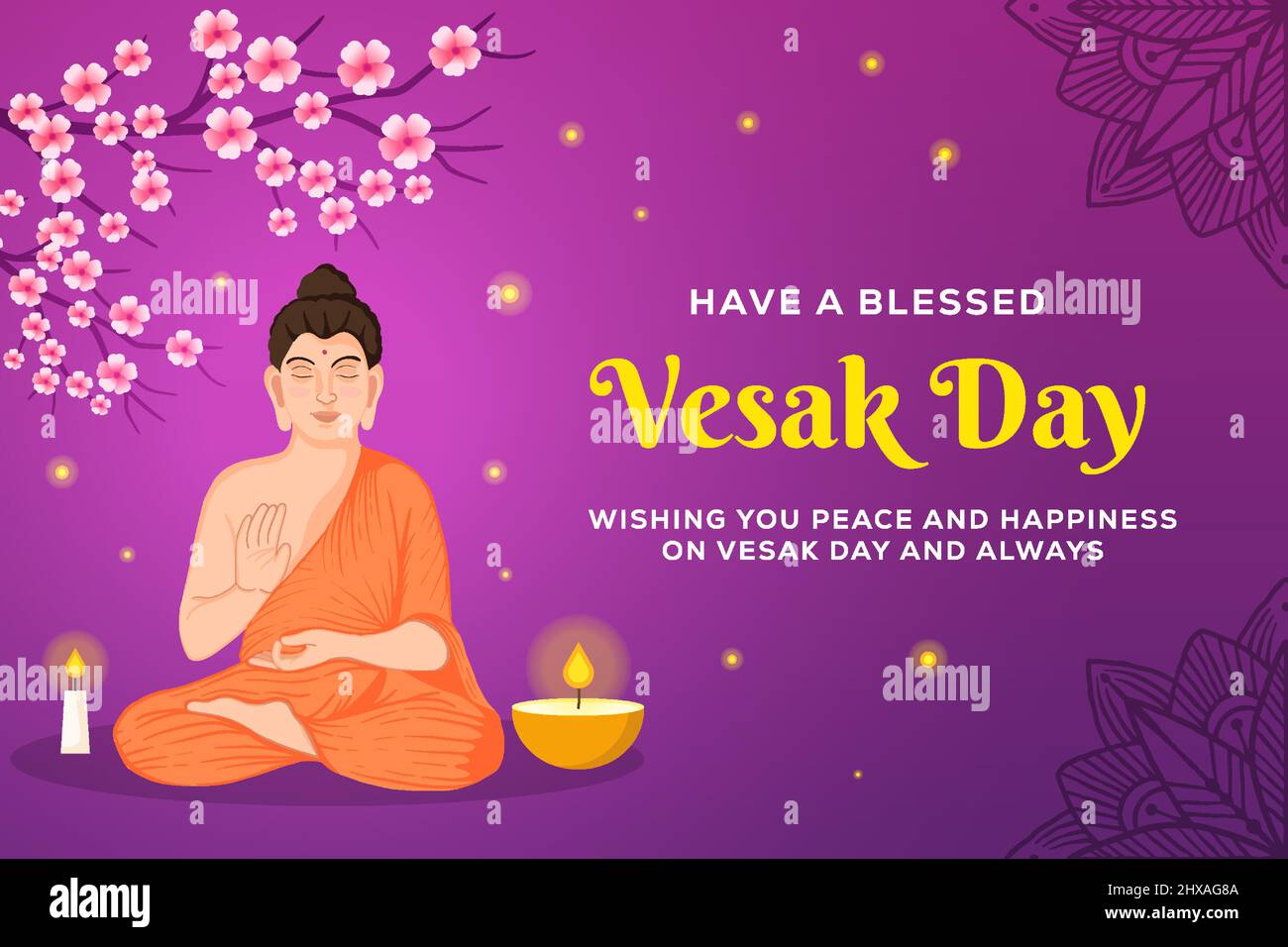 Vesak day illustration background banner poster with buddha meditating shaded by the tree Stock Vector