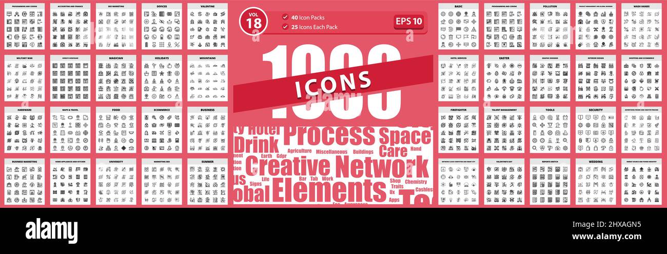 1000 Creative Icons Designs reports sketch, network cloud computing and smart city, interior design, advertising promo and creative process, tools Vec Stock Vector