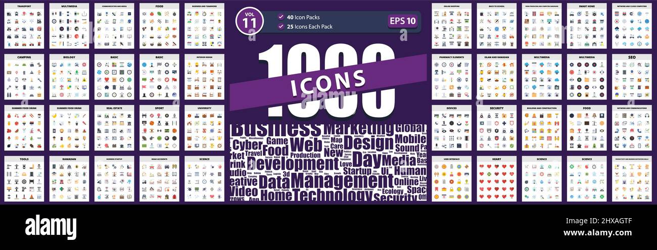 Pack of 1000 Icons heart, network and communications, multimedia, food, building and construction Stock Vector