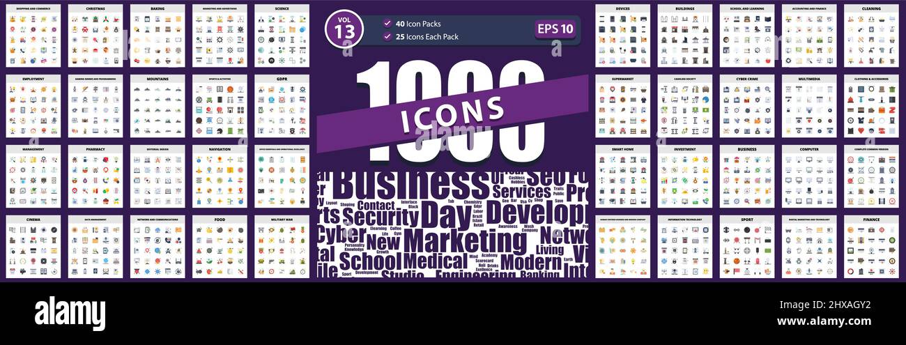 1000 Creative Icons Designs sport, human centered business and modern company, multimedia, complete common version, business Stock Vector