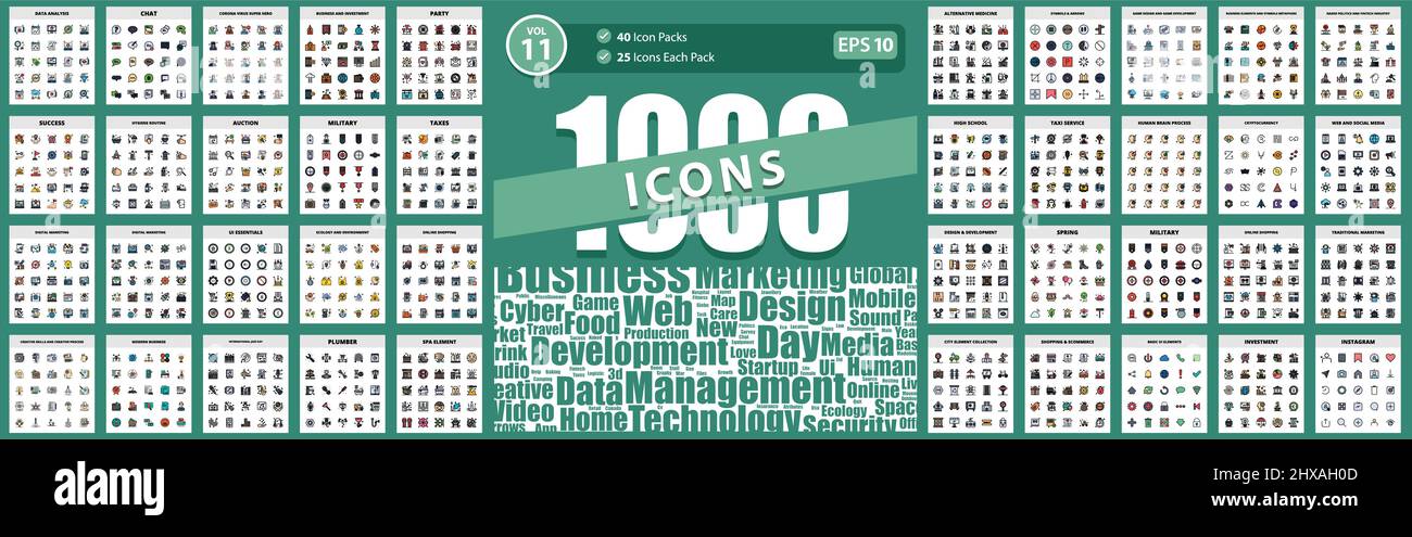 1000 Filled Line Icon Pack success, business and investment, cryptocurrency, corona virus super hero, data analysis Vector Business Icon Illustration Stock Vector