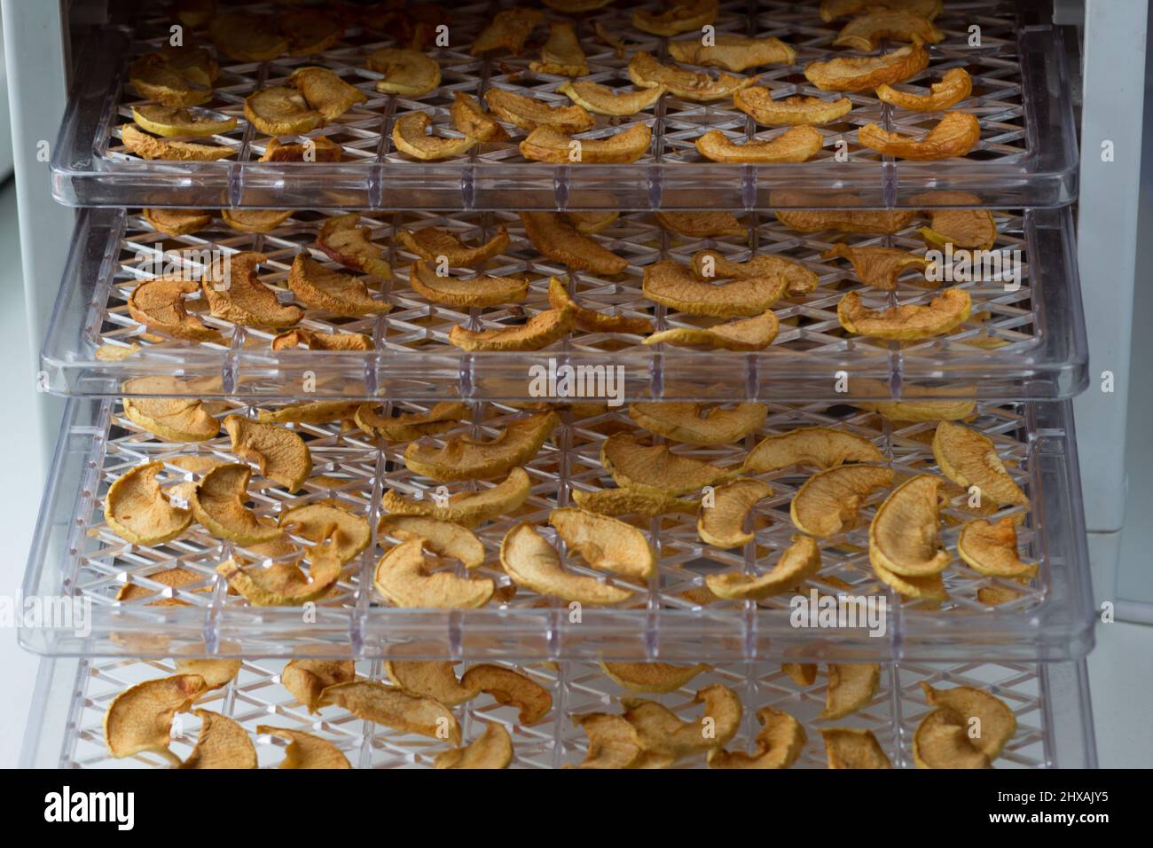 Dehydrated dry cut apples on tray Stock Photo
