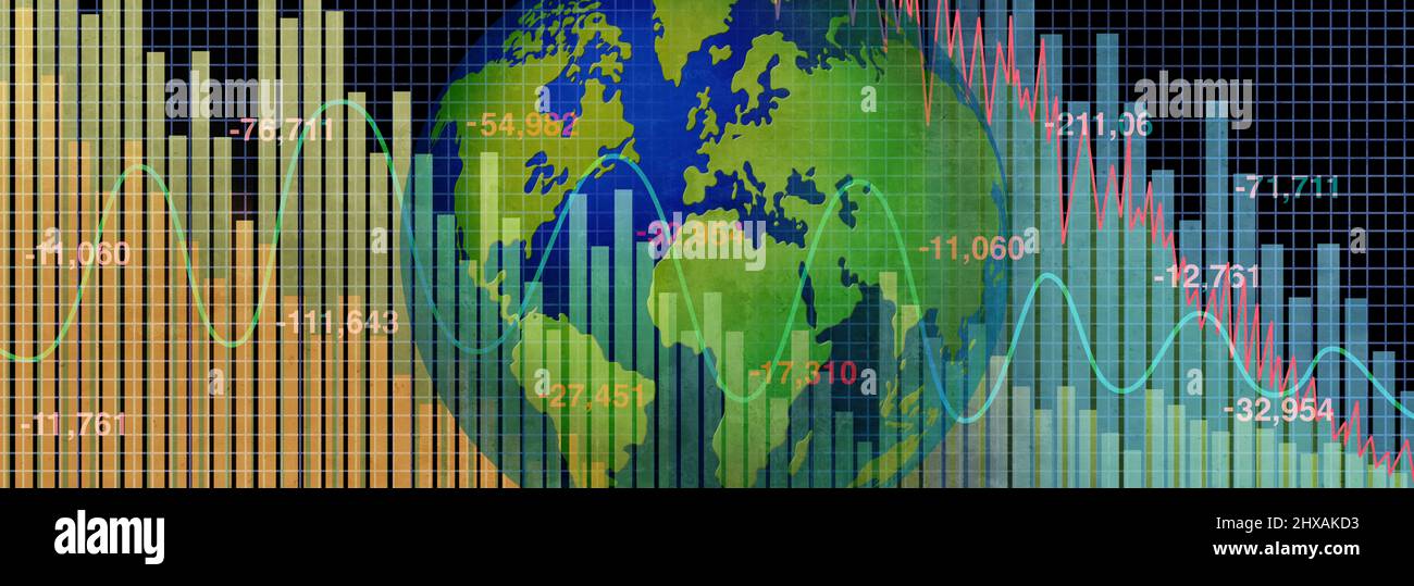 Global economic recession concept and world business depression as a financial loss and stock market crash or economy decline as a downward finance. Stock Photo