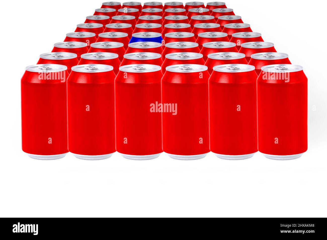 Blue aluminum can among a group of red aluminum cans on white background. Concept primary colors. Combine colors Stock Photo