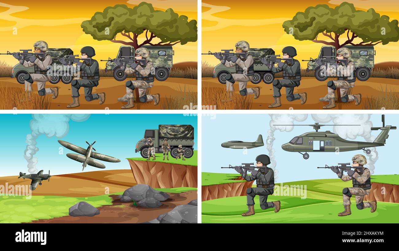 Set of different army war scenes illustration Stock Vector Image & Art ...