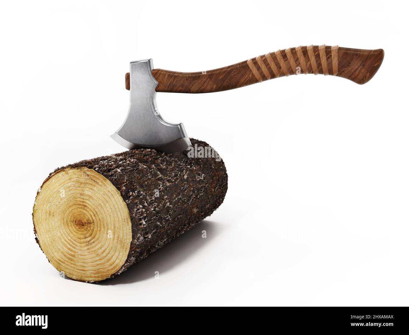 Wood logs and axe isolated on white background. 3D illustration. Stock Photo