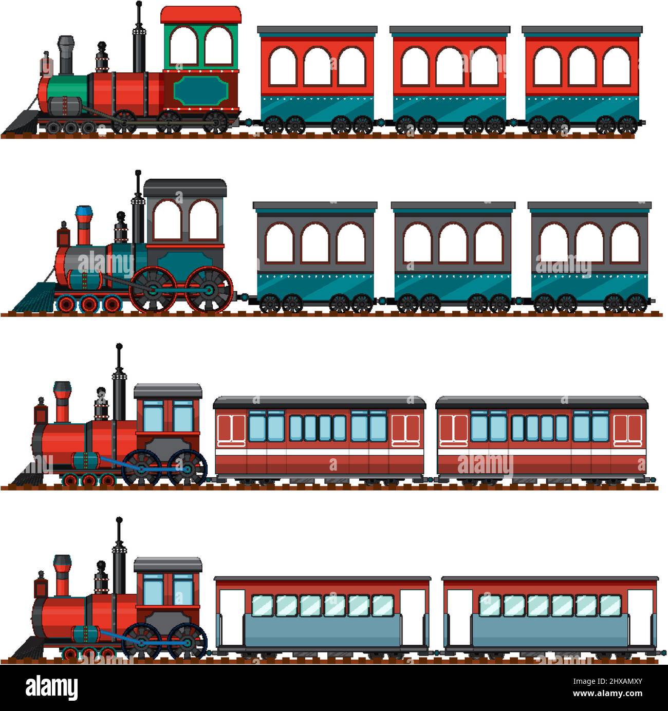 Set of different steam locomotives illustration Stock Vector