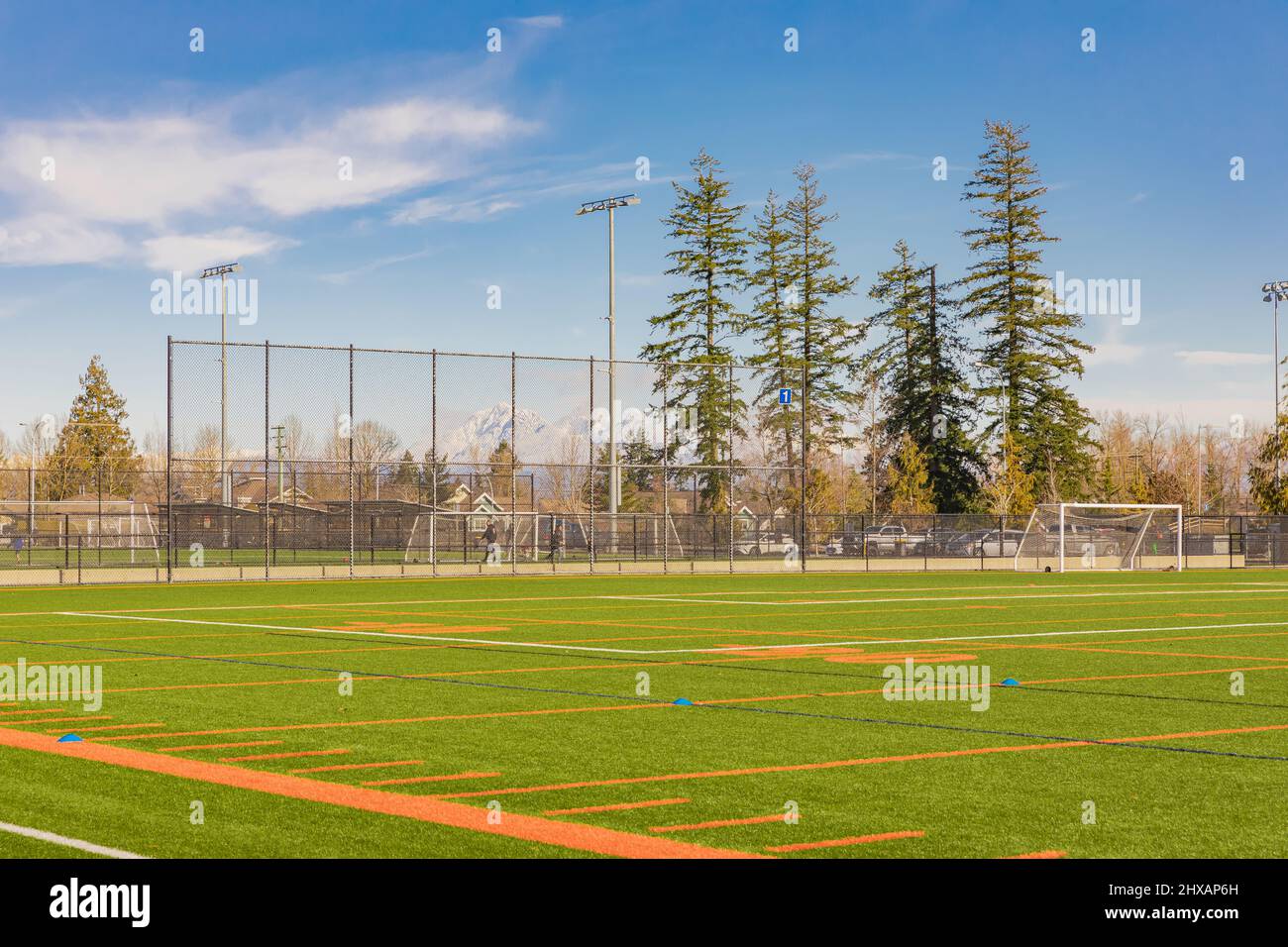 American football and soccer field and grass in sunny spring day. Street view, selective focus Stock Photo
