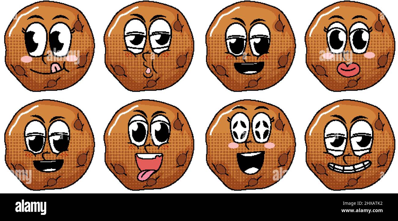 Set of facial expression vintage style cookie cartoon on white ...