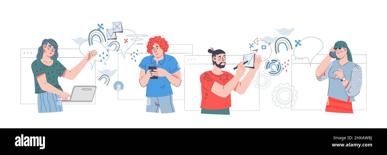 People Using Telecommunications People using mobile communication, network or 5G technologies in city ...