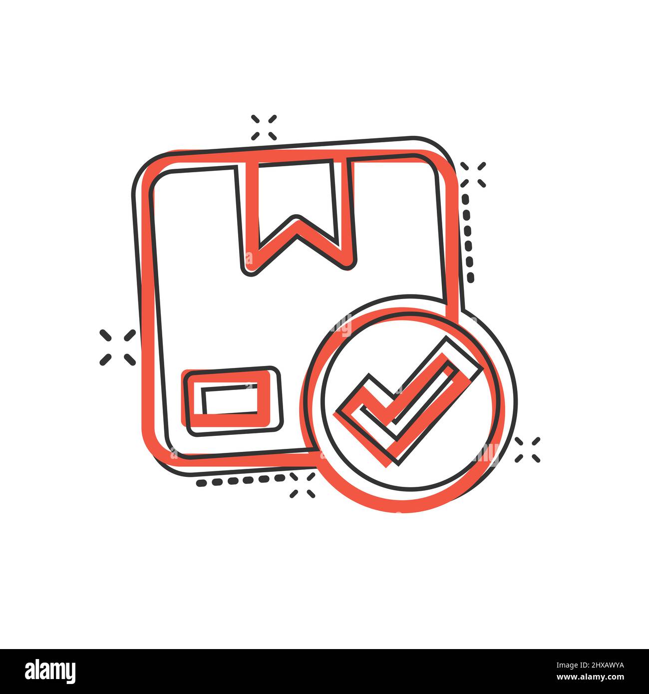 Shipping box check icon in comic style. Container approve cartoon