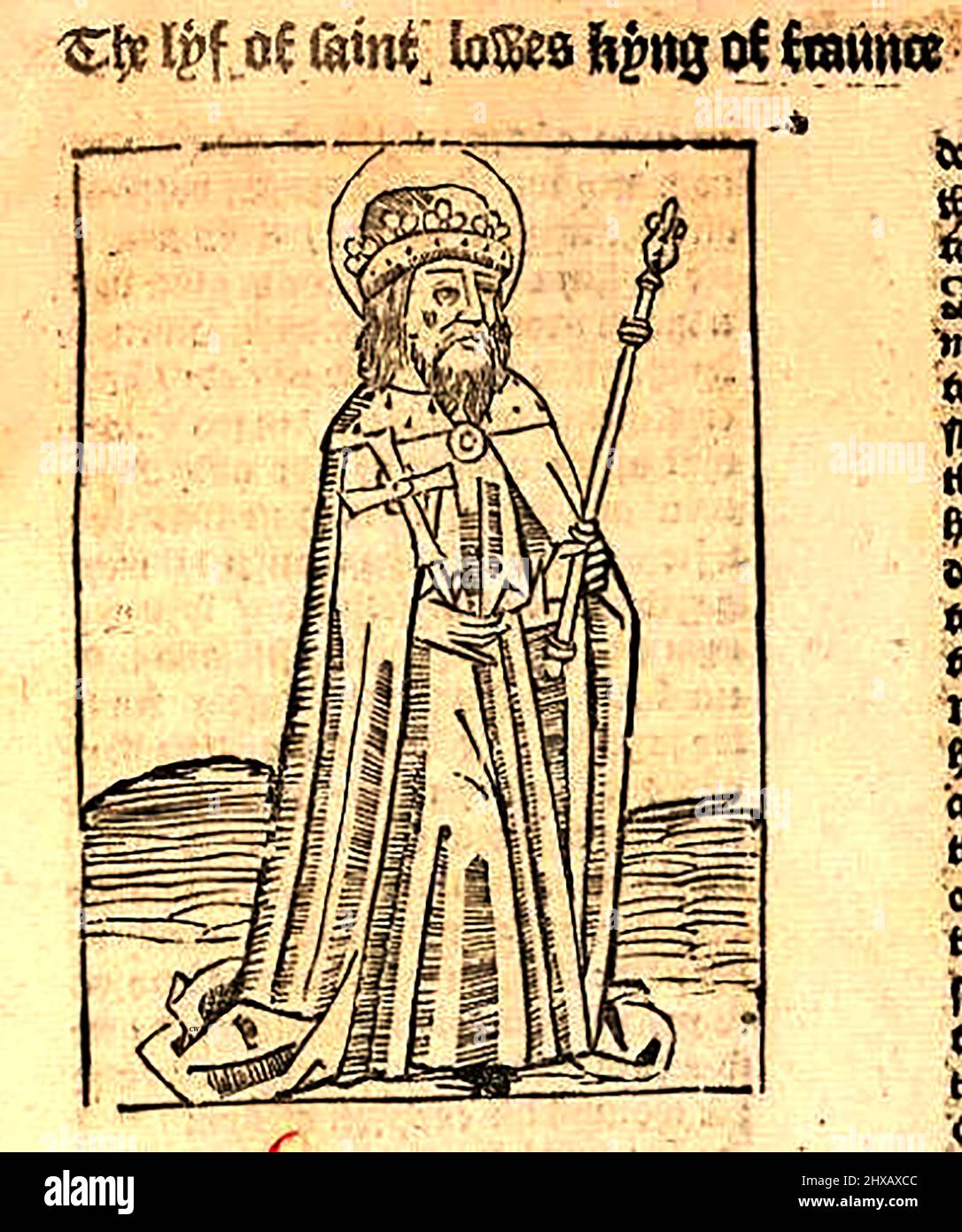 15th century woodcut showing Saint Lewis / Louis of France (King) as printed by William Caxton ( 1422-1491/92) in his translation of  'The Golden Legend' or  'Thus endeth the legende named in Latyn legenda aurea that is to saye in Englysshe the golden legende' by Jacobus, de Voragine, (Circa 1229-1298). Stock Photo