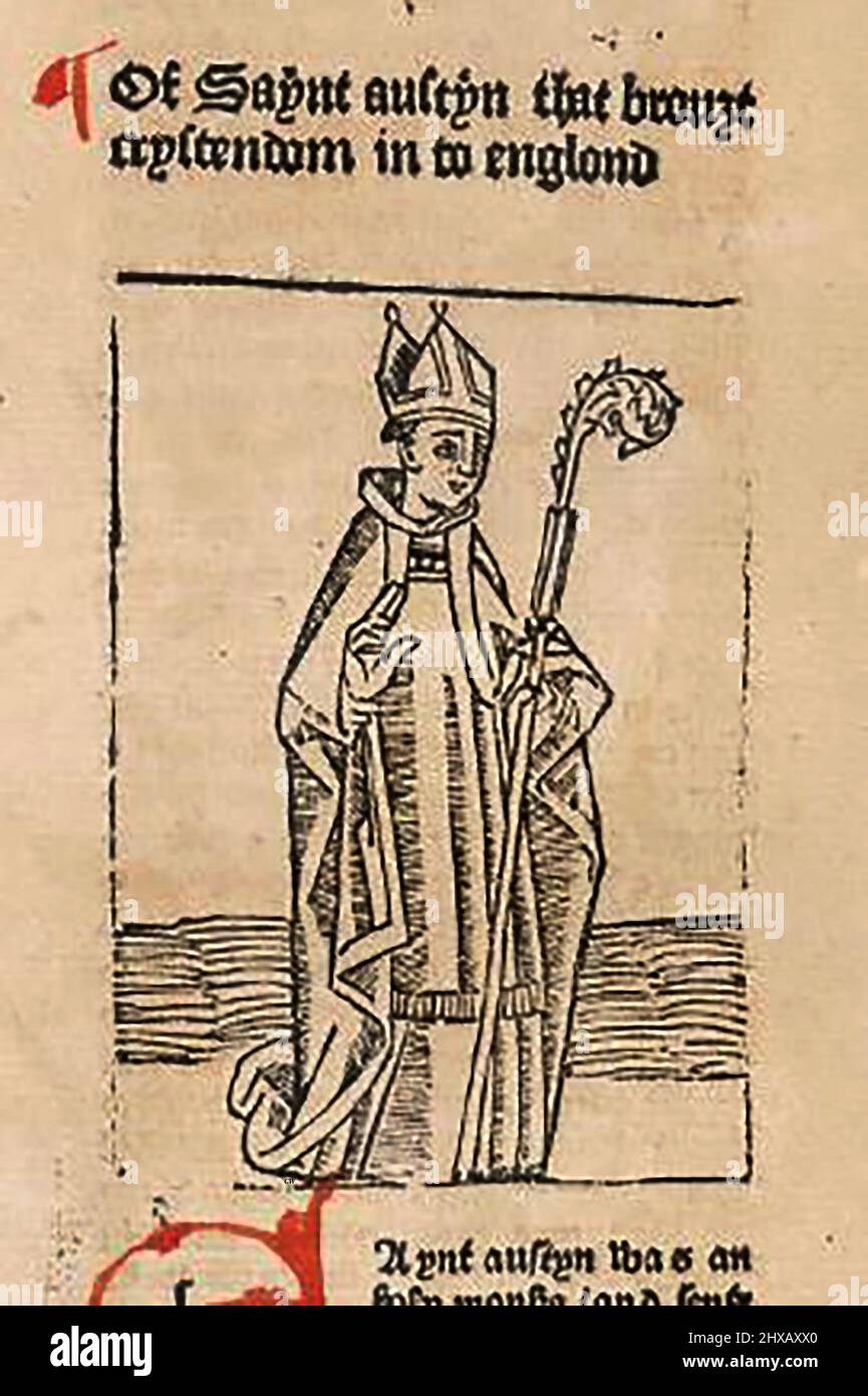15th century woodcut showing Saint Austin (bishop and Doctor, (who it says brought Christendom in to england)  as printed by William Caxton ( 1422-1491/92) in his translation of  'The Golden Legend' or  'Thus endeth the legende named in Latyn legenda aurea that is to saye in Englysshe the golden legende' by Jacobus, de Voragine, (Circa 1229-1298). Stock Photo