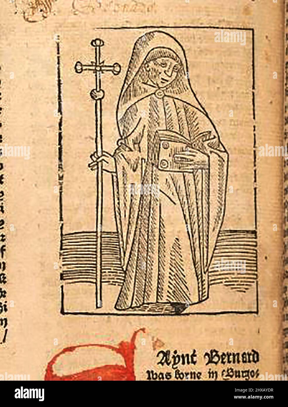 15th century woodcut showing Saint Bernard,  as printed by William Caxton ( 1422-1491/92) in his translation of  'The Golden Legend' or  'Thus endeth the legende named in Latyn legenda aurea that is to saye in Englysshe the golden legende' by Jacobus, de Voragine, (Circa 1229-1298). Stock Photo