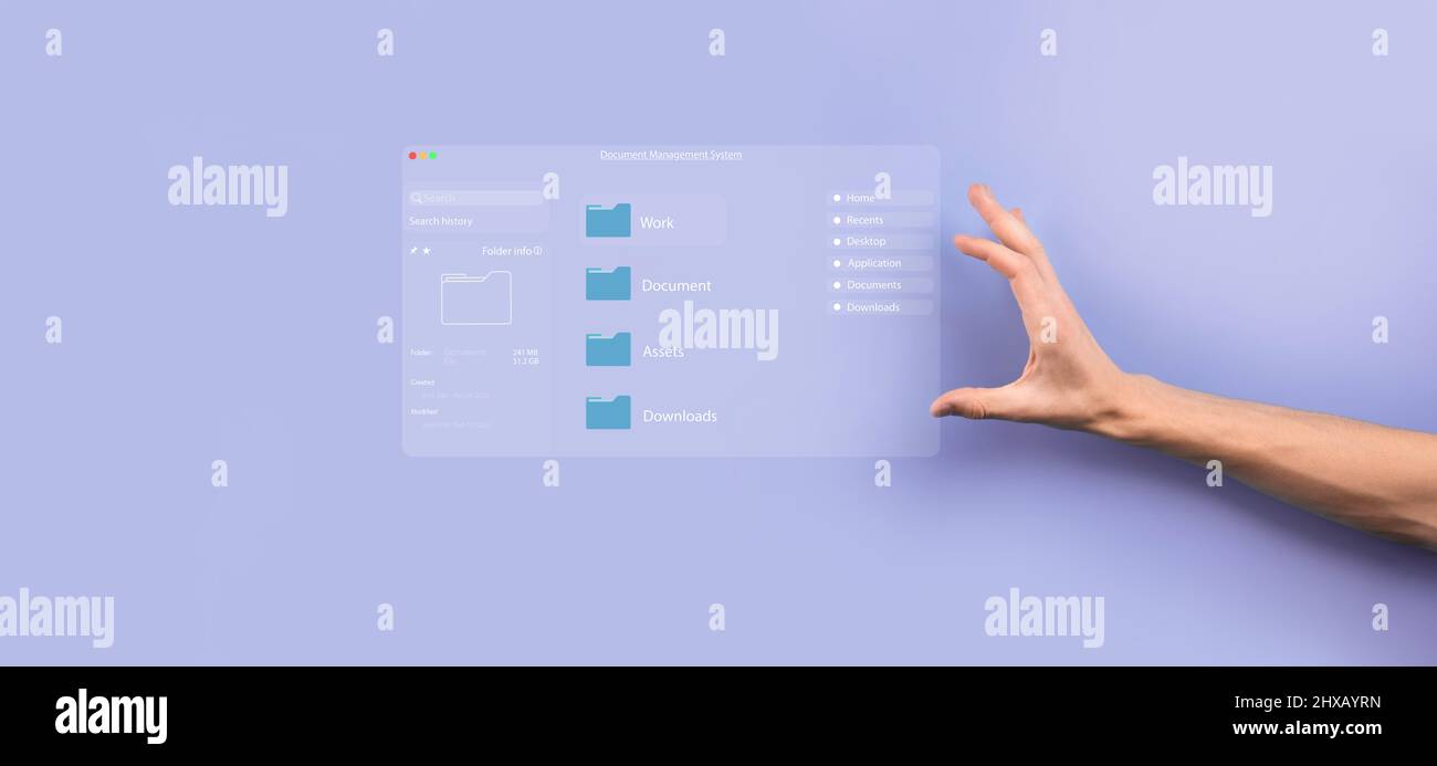 Document management concept. Virtual screen icons Document Management System DMS Online document database, software for efficient archiving, searching Stock Photo