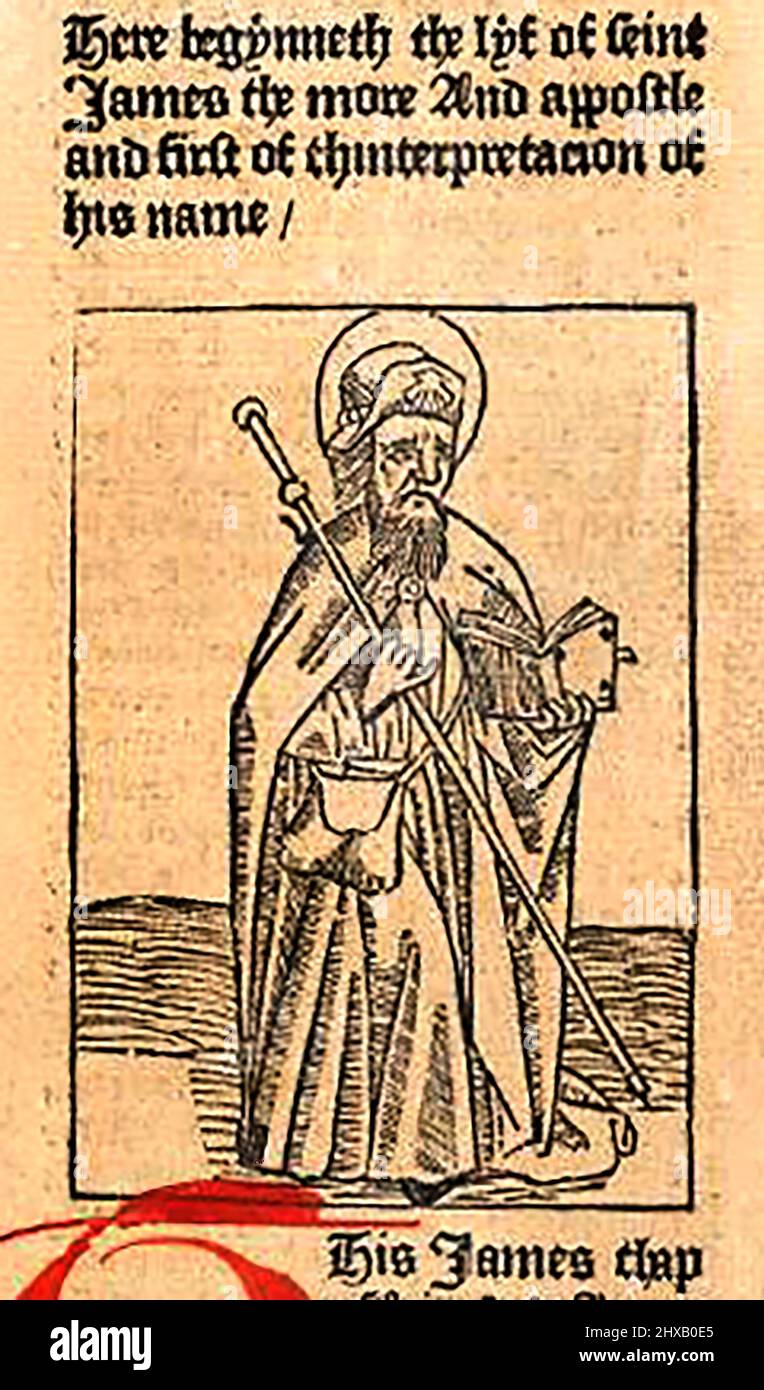 15th century woodcut showing Saint James the  Greater as printed by William Caxton ( 1422-1491/92) in his translation of  'The Golden Legend' or  'Thus endeth the legende named in Latyn legenda aurea that is to saye in Englysshe the golden legende' by Jacobus, de Voragine, (Circa 1229-1298). Stock Photo