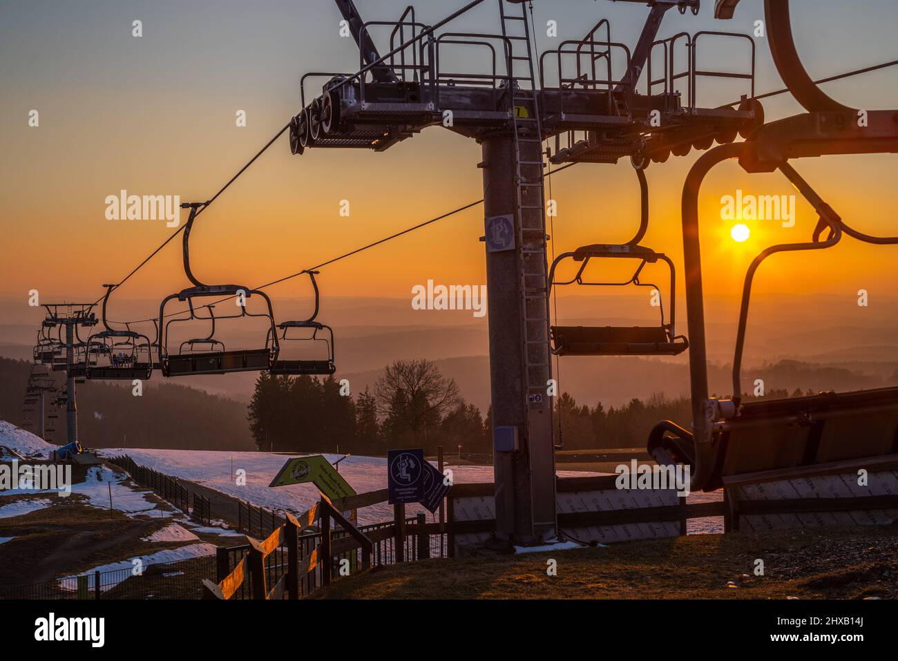 Winter in Schöneck, flammender Sonnenuntergang Stock Photo