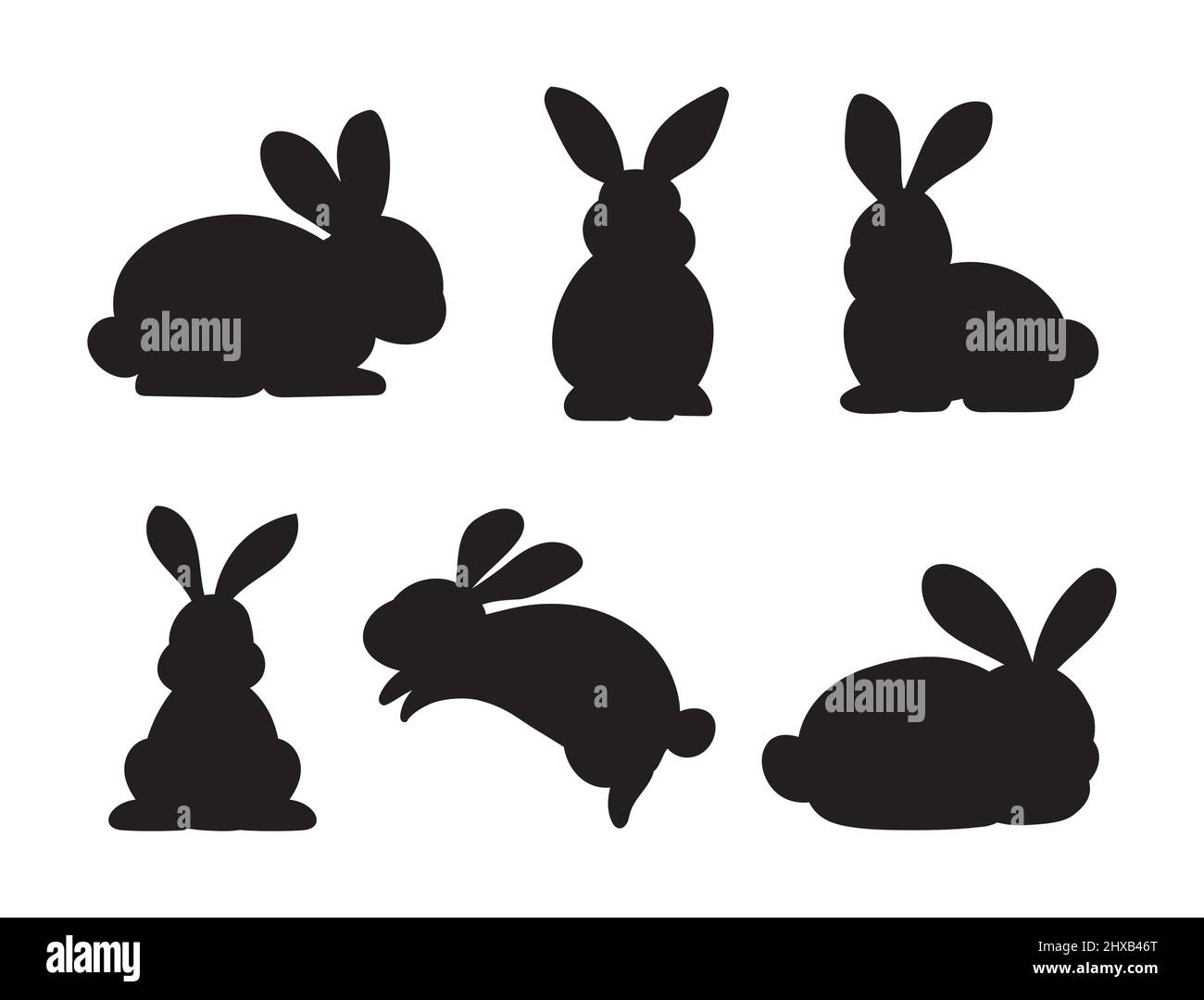 Silhouettes of easter rabbits isolated on a white background. Collection of bunnies flat cartoon. Stock Vector