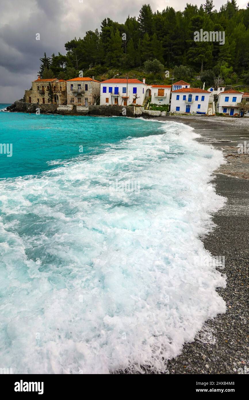 Cloudy weather, bad weather, the small isolated village of Kyparissi in winter in the Peloponnese, Arcadia, Greece Stock Photo