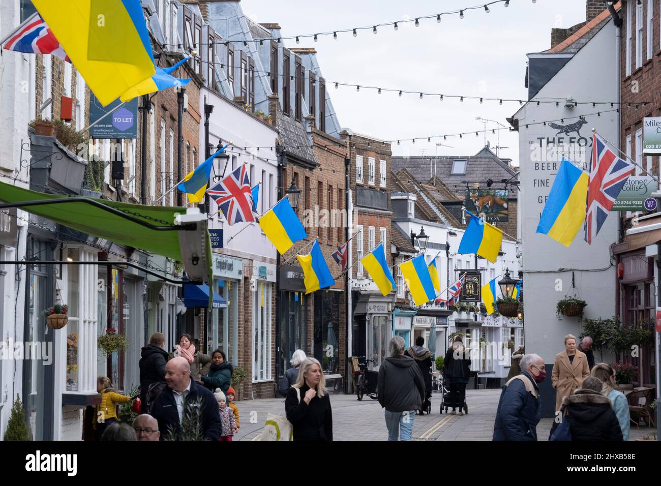 As the war in Ukraine enters its third week, Ukrainian flags hang alongside British Union Jacks above businesses in Church Street, Twickenham, on 10th March 2022, in London, England. The initiative was organised by The Church Street of Twickenham Association showing solidarity and sympathy with local Ukrainians, saying: 'Showing solidarity with our Ukrainian brothers and sisters. We feel for you and your horrific ordeal. Stay strong!' Stock Photo