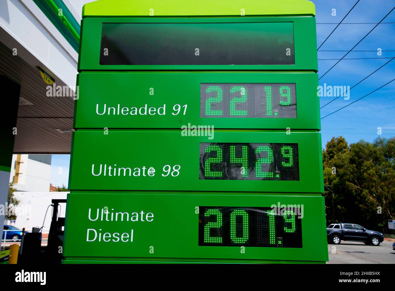 Record High Fuel Prices in Gas Station Stock Photo