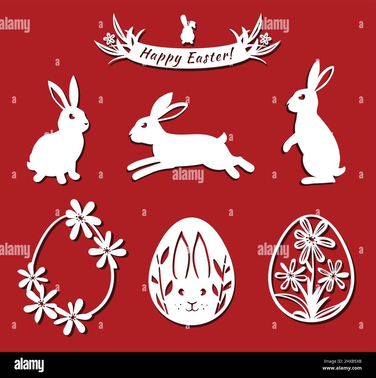 https://c8.alamy.com/comp/2HXB5XB/easter-bunny-eggs-set-white-fkirak-eggs-for-laser-cutting-on-red-background-icons-for-greeting-card-2HXB5XB.jpg