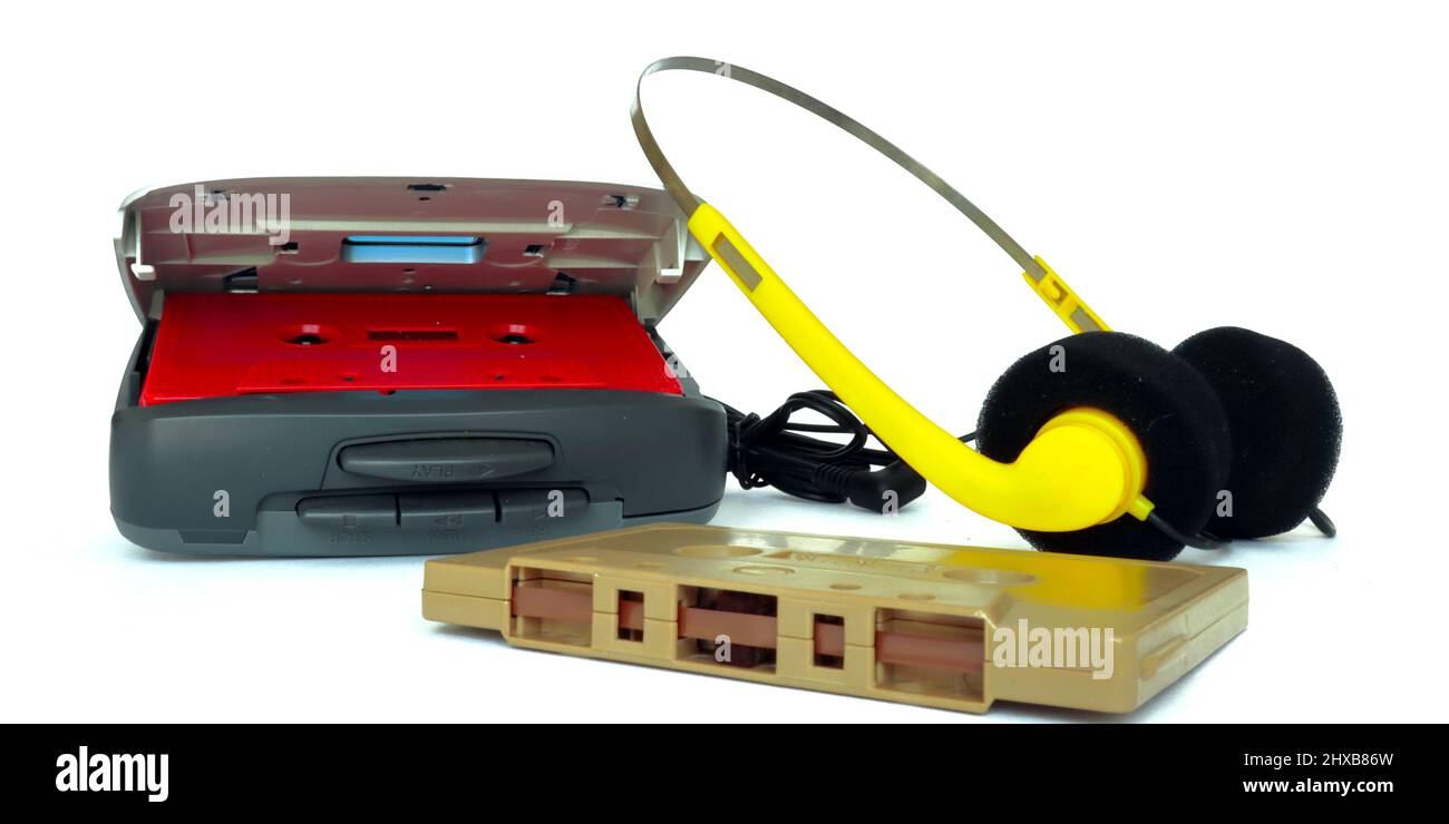 Vintage Cassette Player with headphones and cassette tape isolated on a