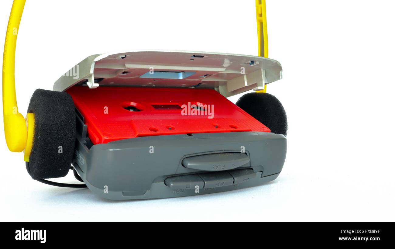 Vintage Cassette Player with headphones and cassette tape isolated on a