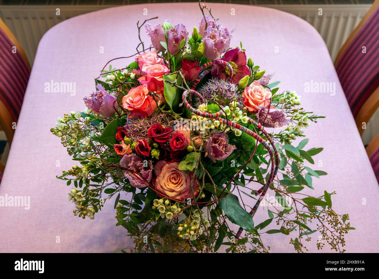 nature, plants, flowers, bunch of flowers on a table, birthday bouquet, roses Stock Photo