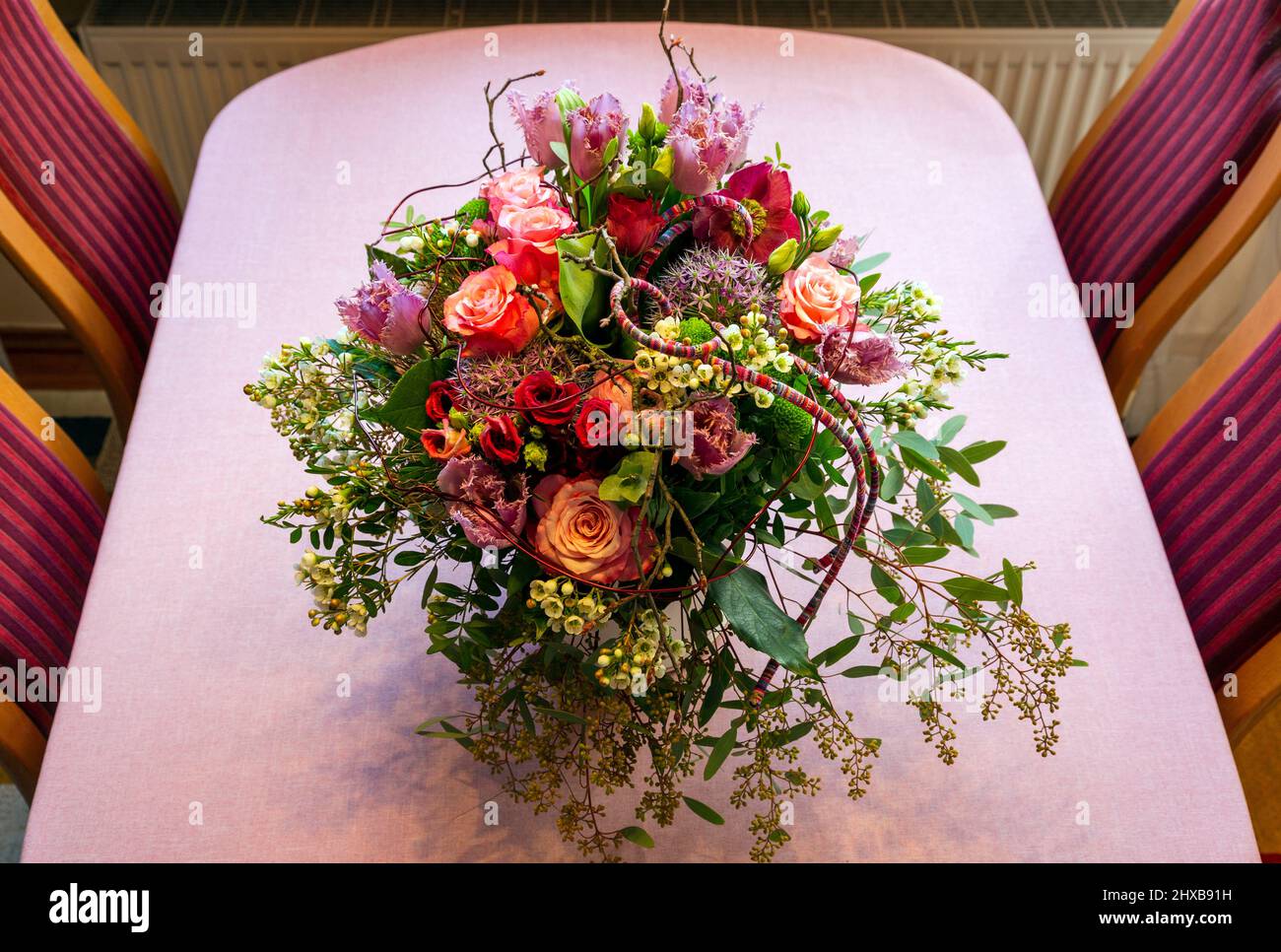 nature, plants, flowers, bunch of flowers on a table, birthday bouquet, roses Stock Photo