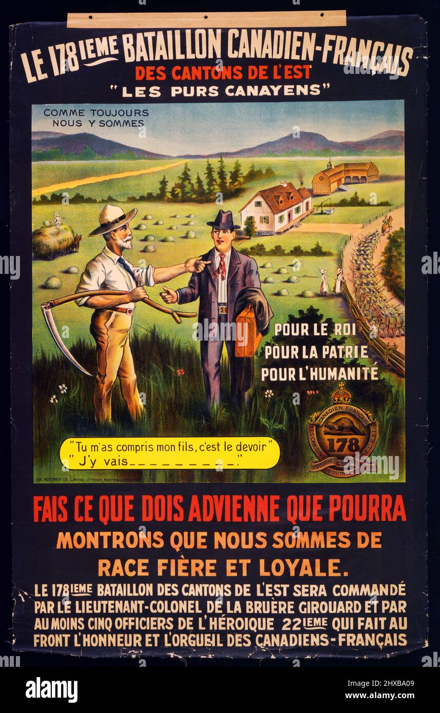 Le 178ieme Bataillon Canadien-Français des cantons de l'est - Poster showing a father and son in the field of their farm - Ottawa 1915. Stock Photo