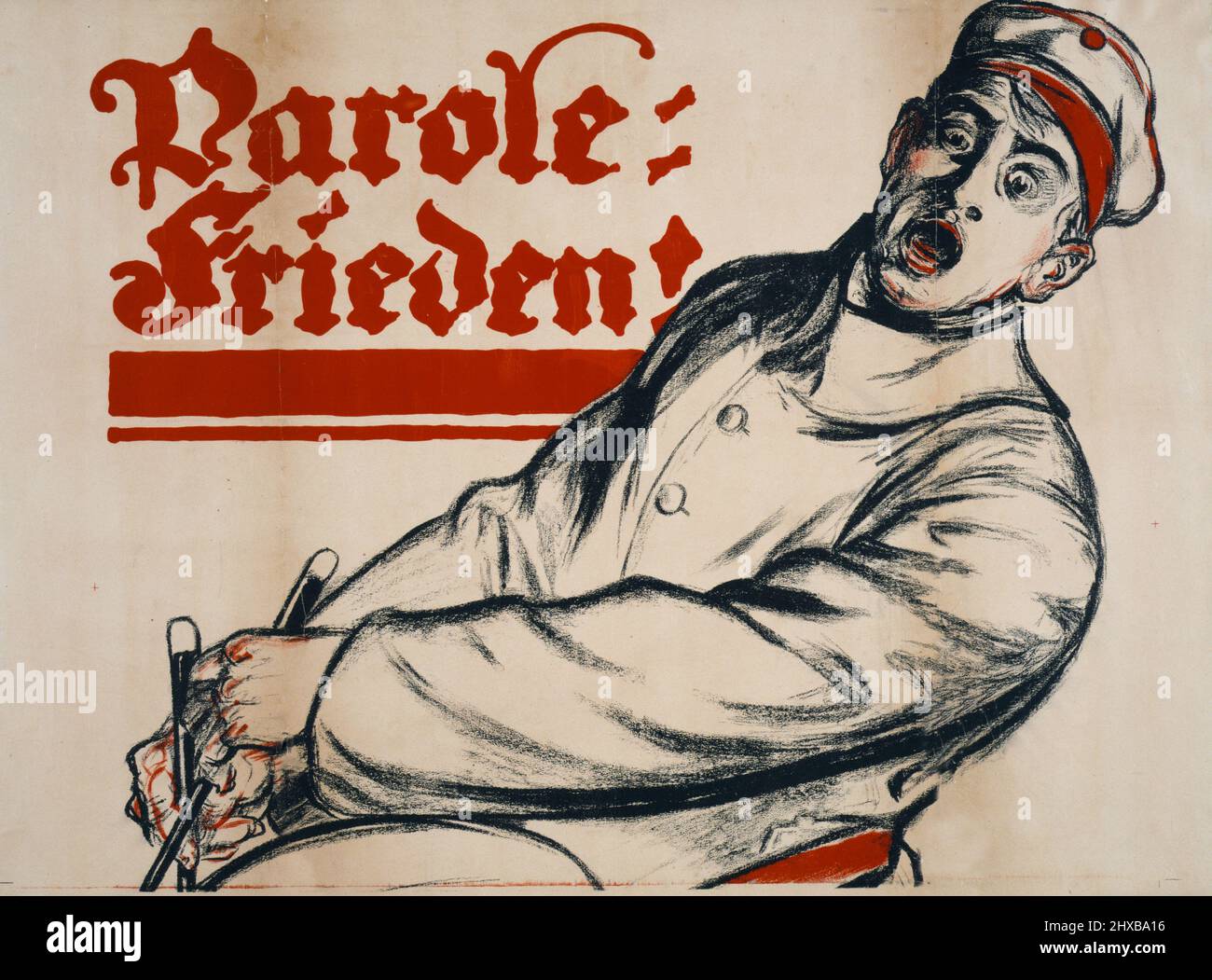 Parole: Frieden! Poster showing a drummer in uniform shouting. Text: Password: Peace! 1918. Stock Photo