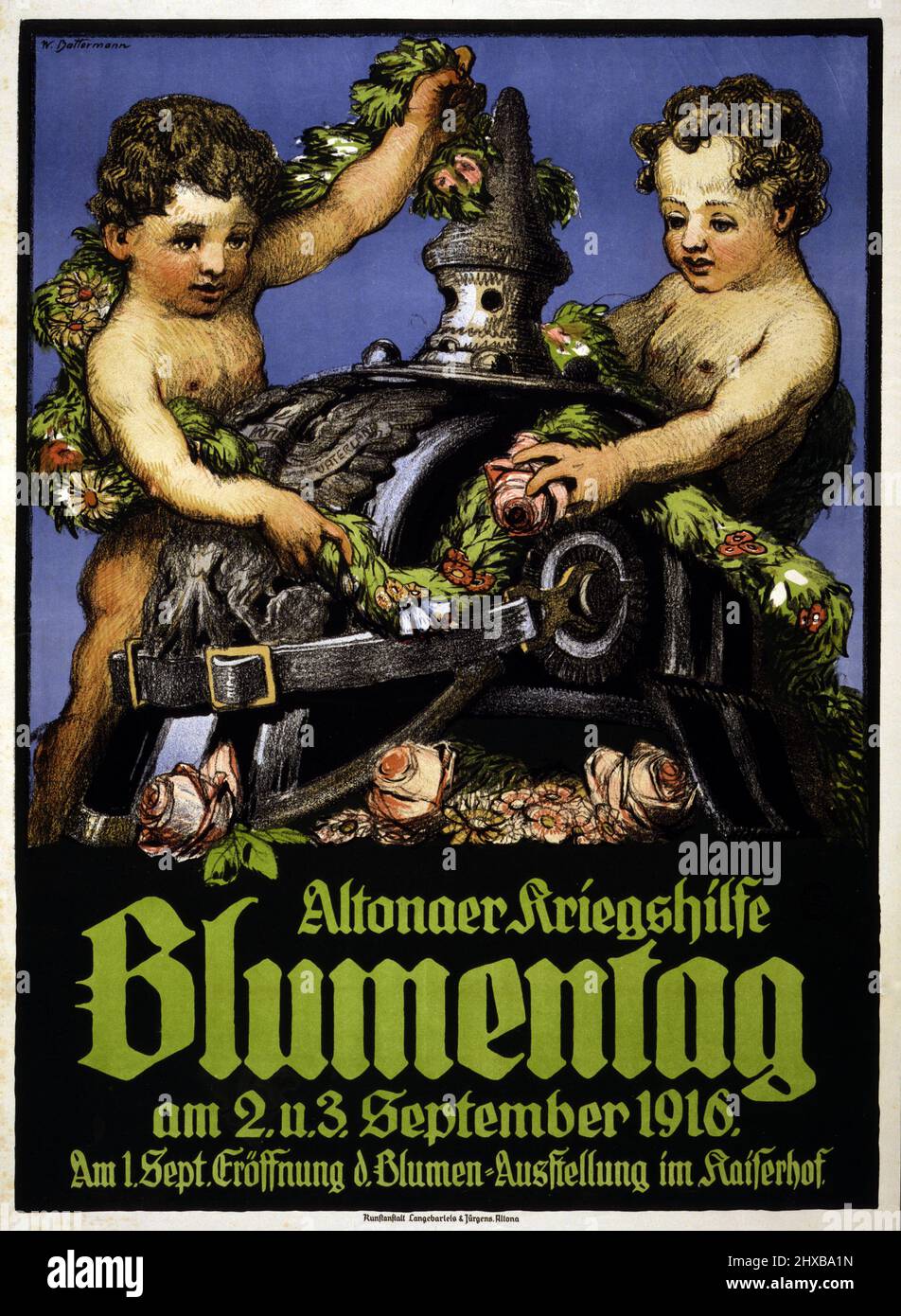 Altonaer Kriegshilfe Blumentag by Wilhelm Battermann, 1916. Poster showing two cherubs decorating a German helmet with garlands of flowers. Stock Photo