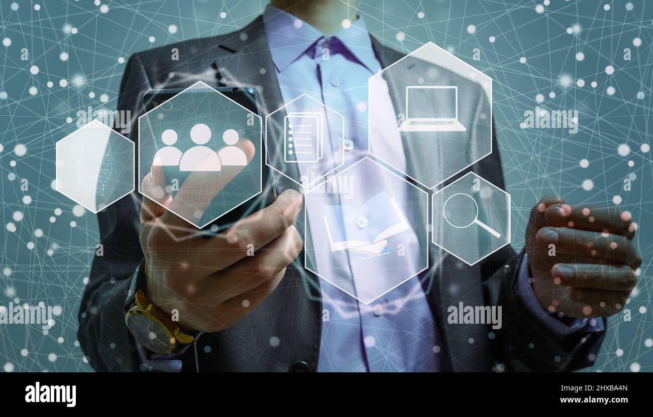 Internet and cybersecurity concept. A businessman is protecting personal data on mobile or smartphone. Online financial errands, data transfer Stock Photo