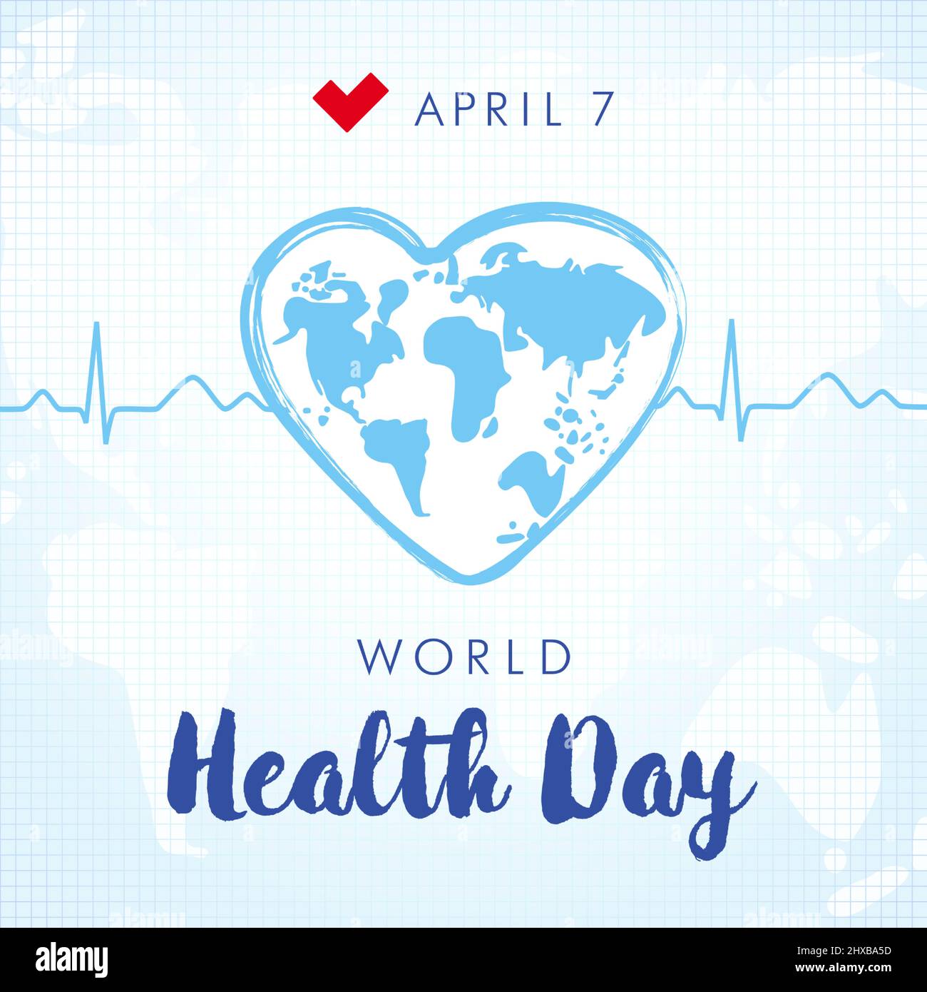 World health day 7 April lettering and heartbeat square banner. World map in heart brush stroke frame the normal cardiogram. Isolated abstract graphic Stock Vector