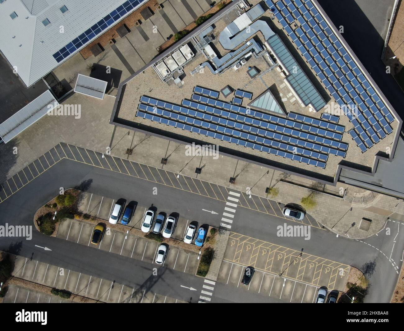Aerial view looking directly down on a modern building and road Stock ...