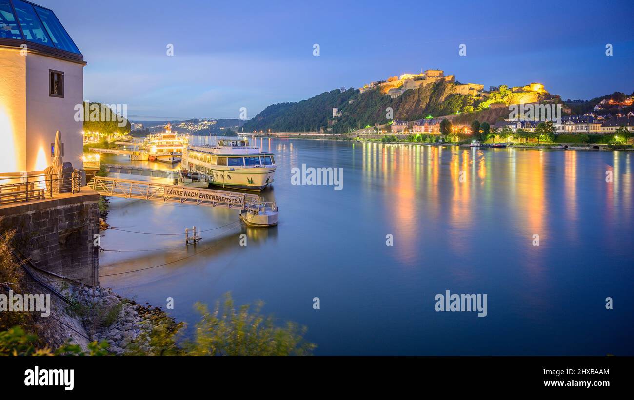 Panoramic View of Koblenz and Fortress Ehrenbreitstein at Night, Germany, Stock Photo