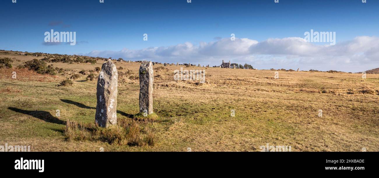 A panoramic image early afternoon light Neolithic Early Bronze Age standing stones The Hurlers on Craddock Moor on the rugged Bodmin Moor. Stock Photo