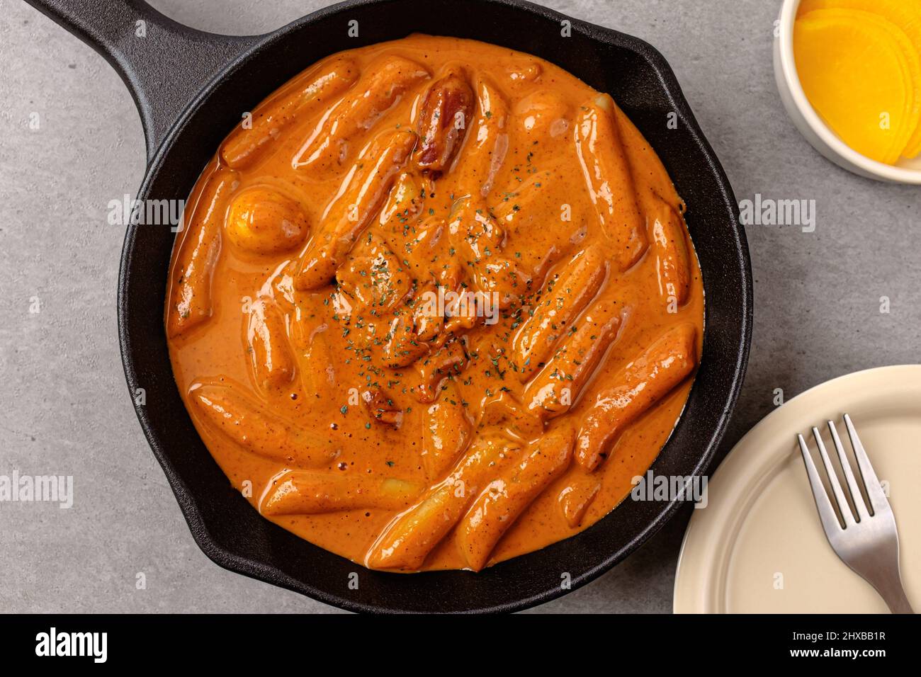 Korean food culture. food made with rosé sauce. food with rice cakes