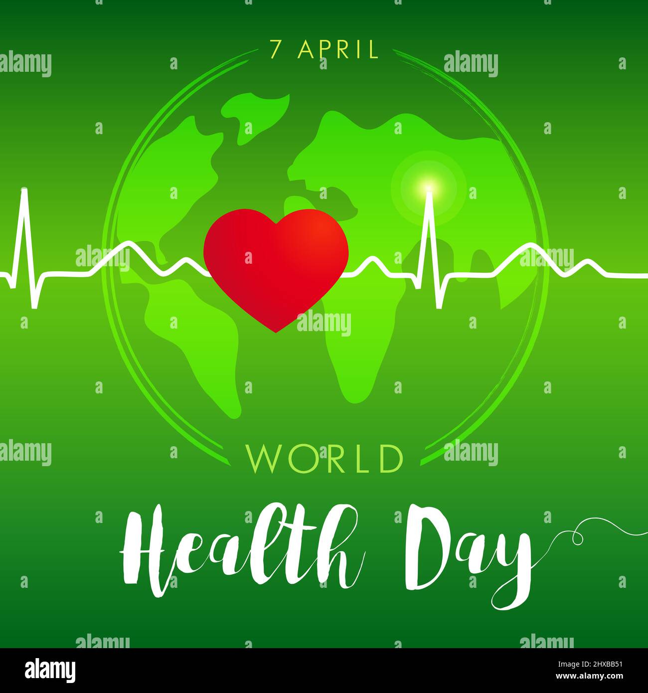 World health day 7 April lettering and heartbeat square banner. World map in heart brush stroke frame the normal cardiogram. Isolated abstract graphic Stock Vector