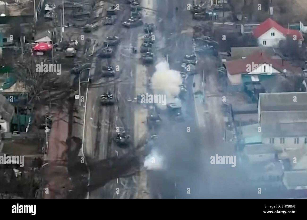 UKRAINE WAR  RussianT32 tanks and armoured vehicles are ambushed byUkrainian forces in the town of Brovary east of Kiev 10 March 2022 filmed from a drone. Photo: Ukrainian Ministry of Defence Stock Photo