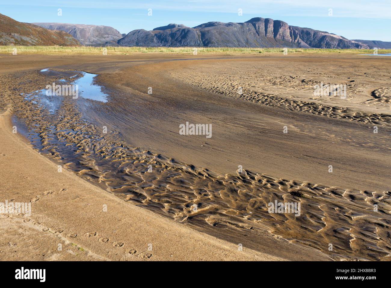 Landscape at low tide, sandy estuary and mountains, Tanamunningen nature reserve in the mouth of the Teno aka Tana river, Finnmark, Norway Stock Photo