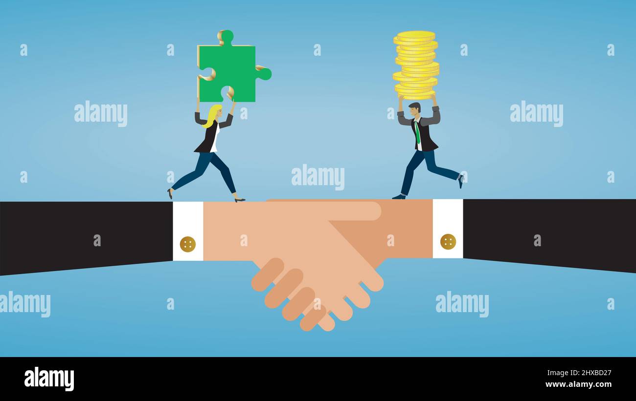 Businesspeople meet on handshake with money and puzzle piece. Vector illustration. Stock Vector