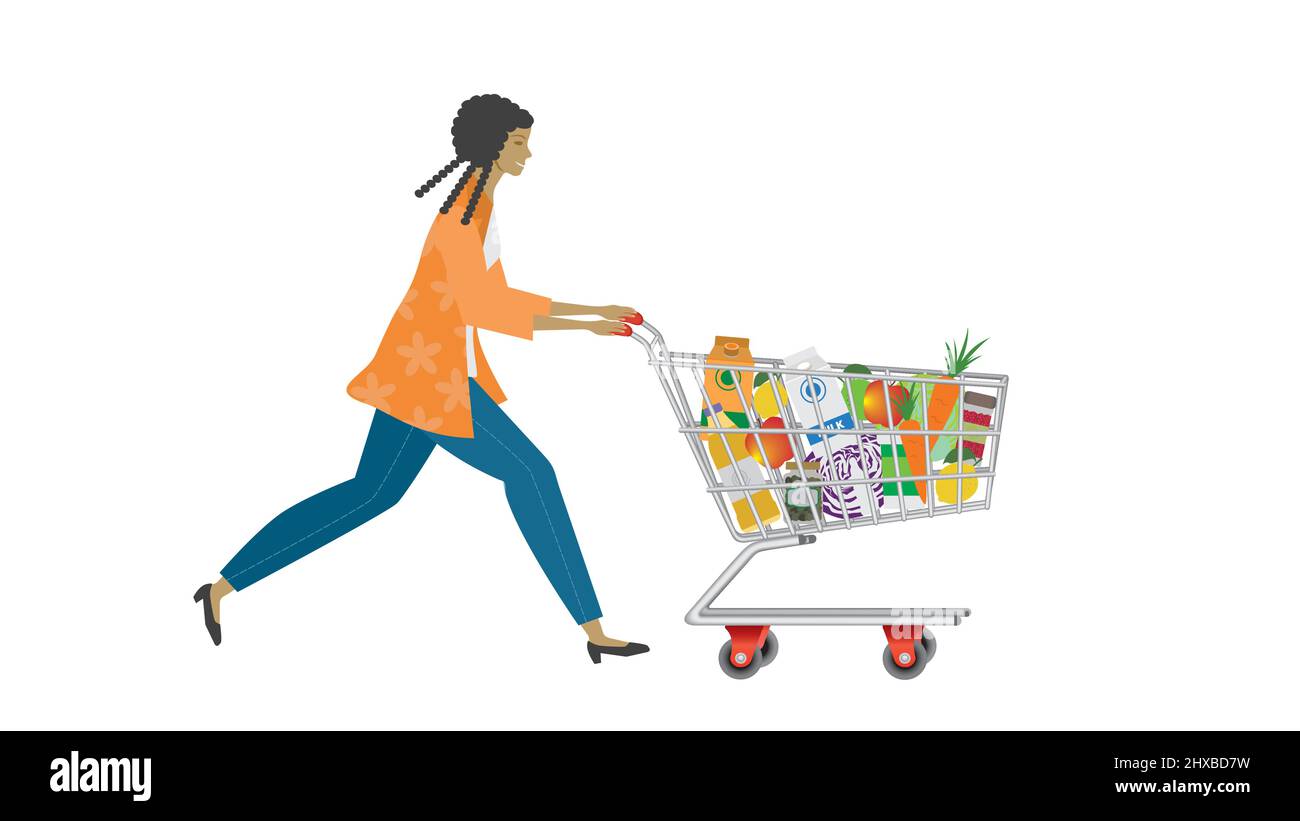 Woman with full shopping cart, trolley. Vector illustration. Stock Vector