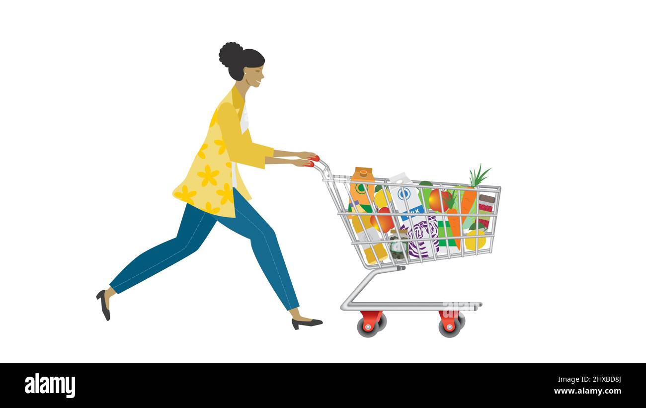 Woman with full shopping cart. Vector illustration. Stock Vector