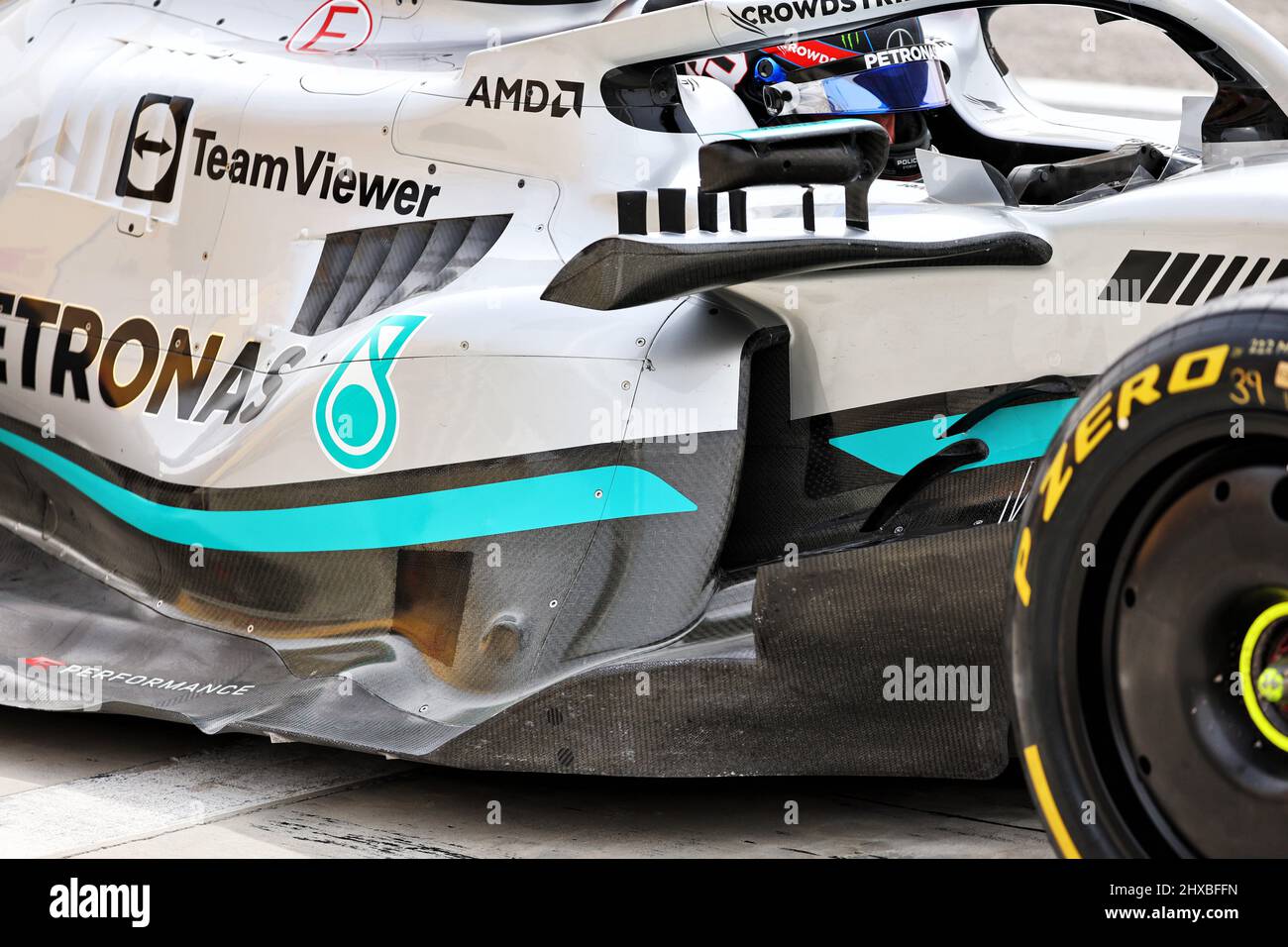 Bahrain, UAE. 11th Mar 2022. George Russell (GBR) Mercedes AMG F1 W13 -  floor and sidepod detail. 11.03.2022. Formula 1 Testing, Sakhir, Bahrain,  Day Two. Photo credit should read: XPB/Alamy Live News