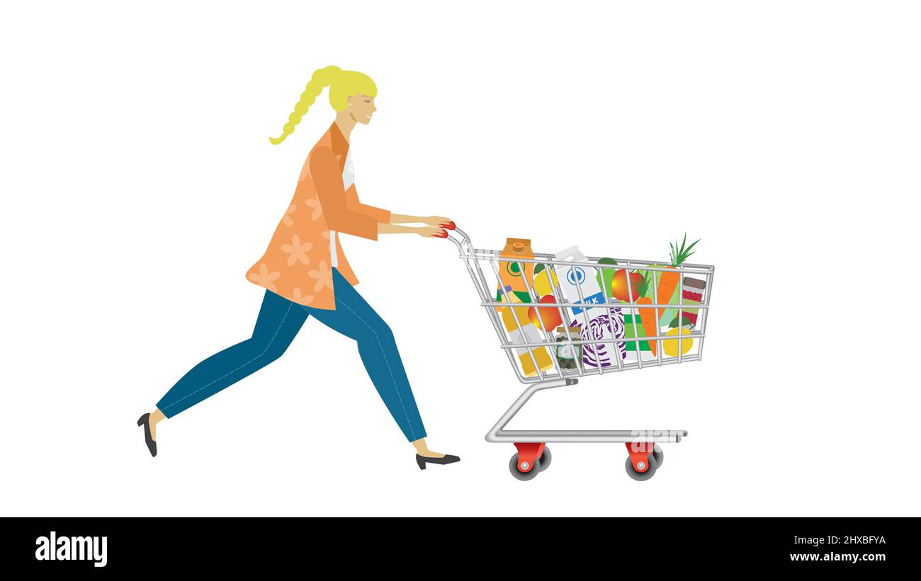 Woman with full shopping cart. Isolated on white background. Vector illustration. Stock Vector