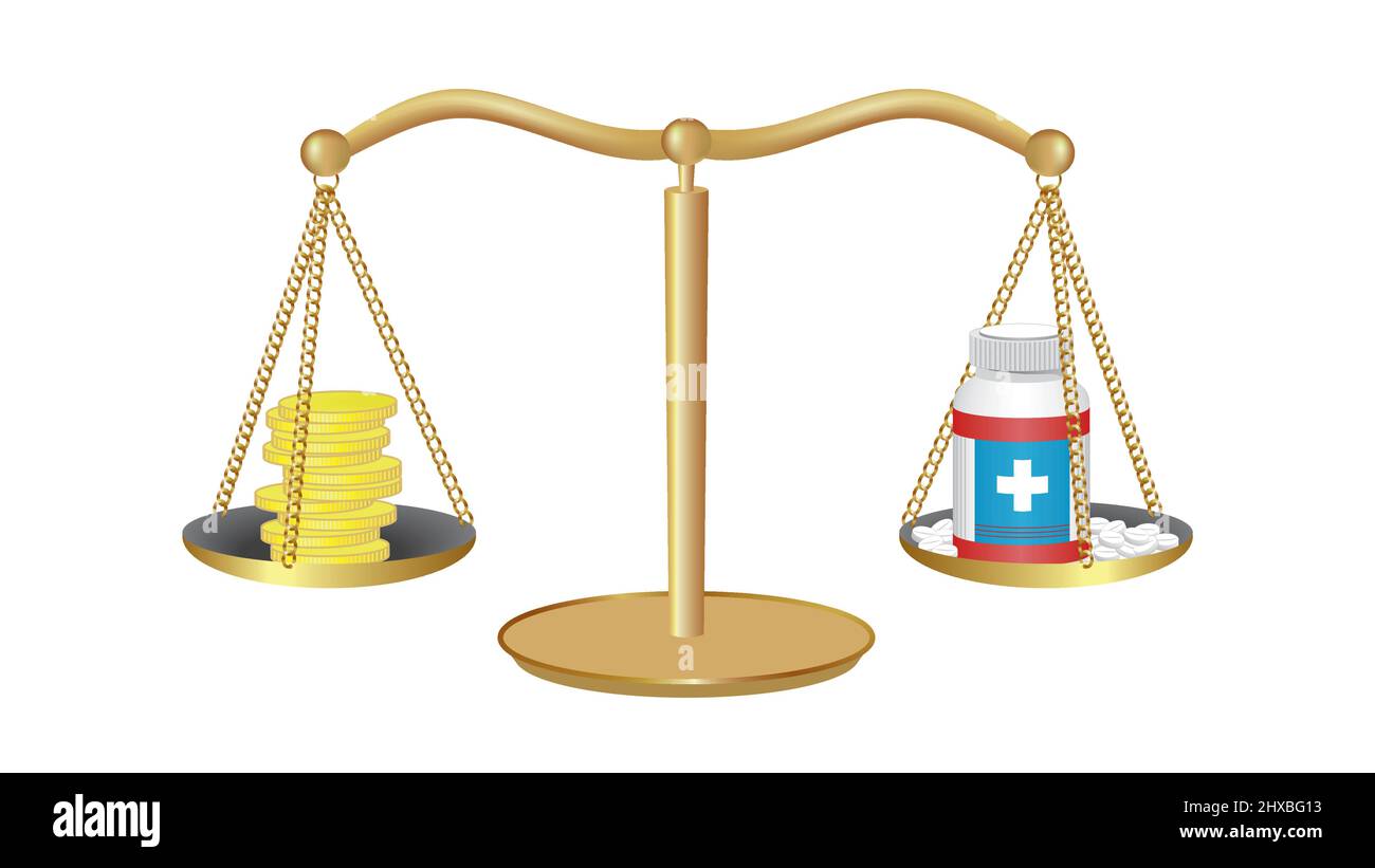 Weight scale with money on one side and medicine bottle with pills on
